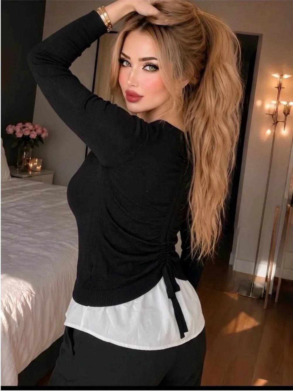 Black Layered Look Long-Sleeve Top with Drawstring Back New